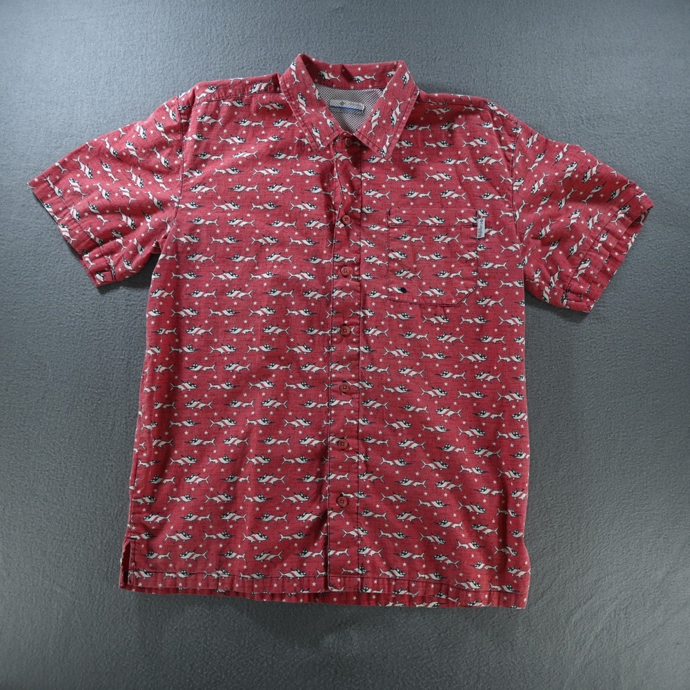 Columbia Mens PFG Super Tamiami Fishing Shirt Small Red American Flag Shark